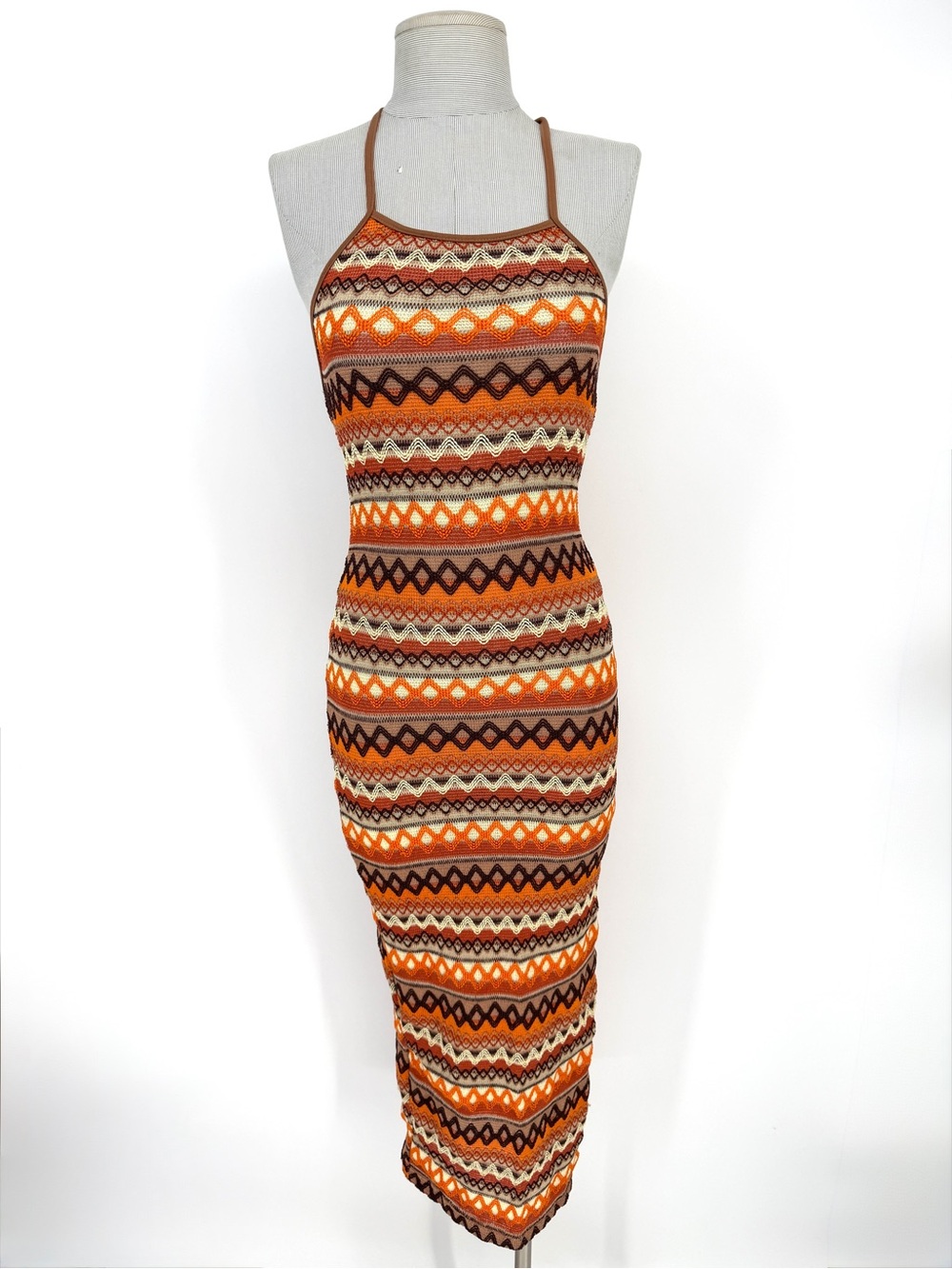 Zigzag Chevron Knit Halter Maxi Dress Orange Brown Boho Y2K S